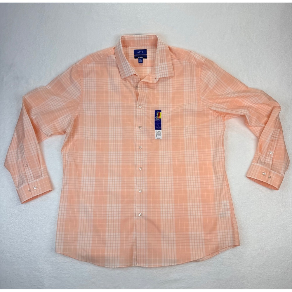 Apt 9 Mens XL Slim Fit Premier Flex Dress Shirt Coral Plaid Long Sleeve